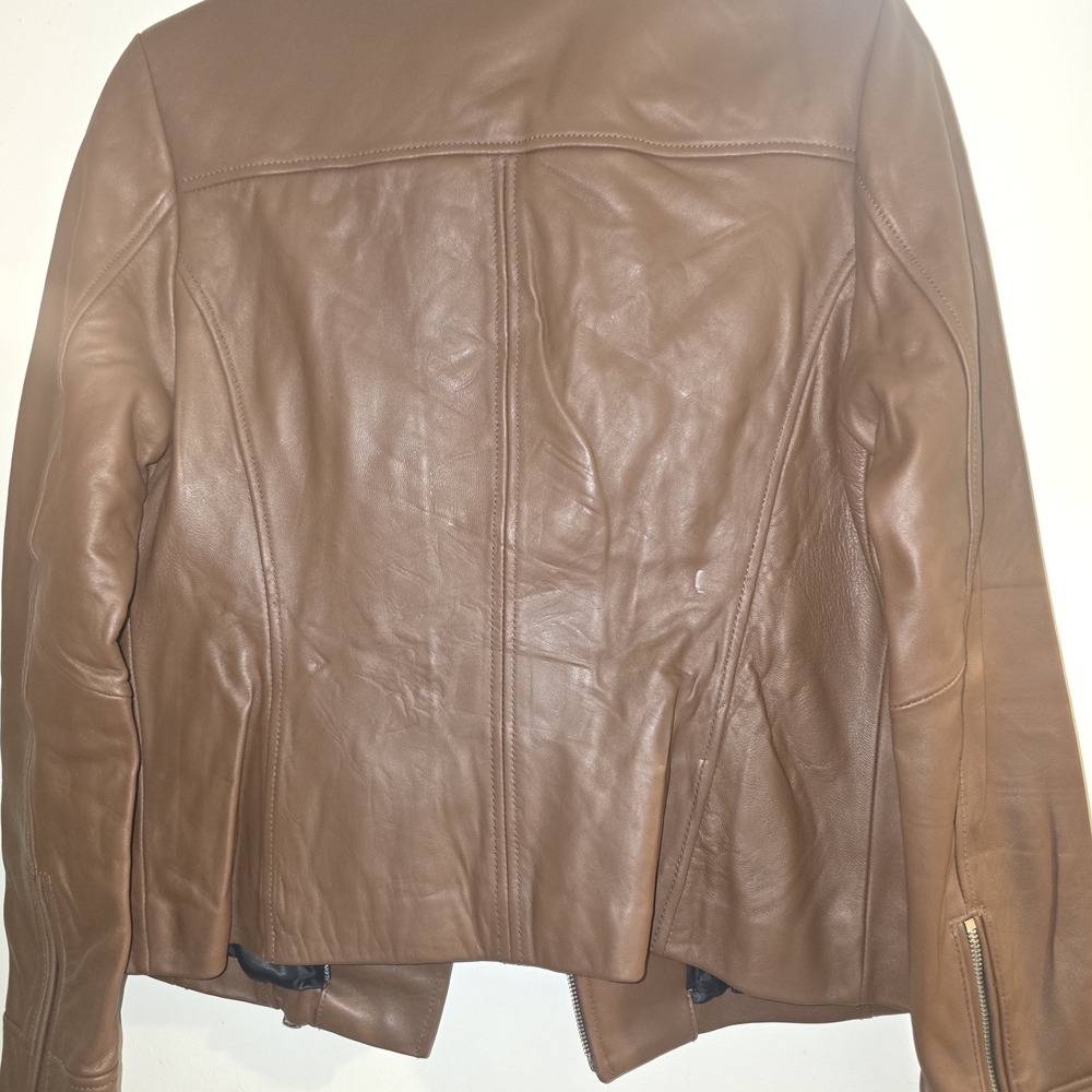 Calvin Klein Women's Brown Leather Moto Jacket - Picture 4 of 6